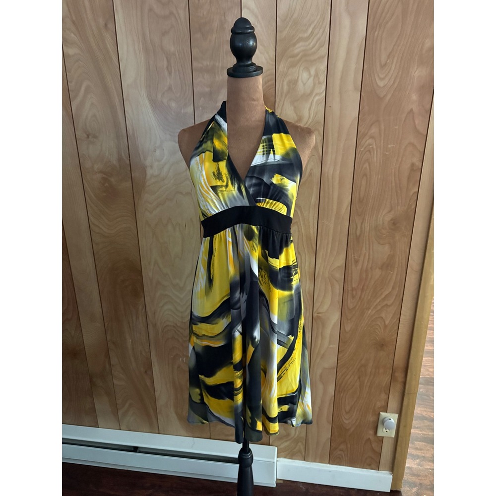 La Belle Yellow Black Abstract Halter Empire Waist Mini Dress Made in USA Medium